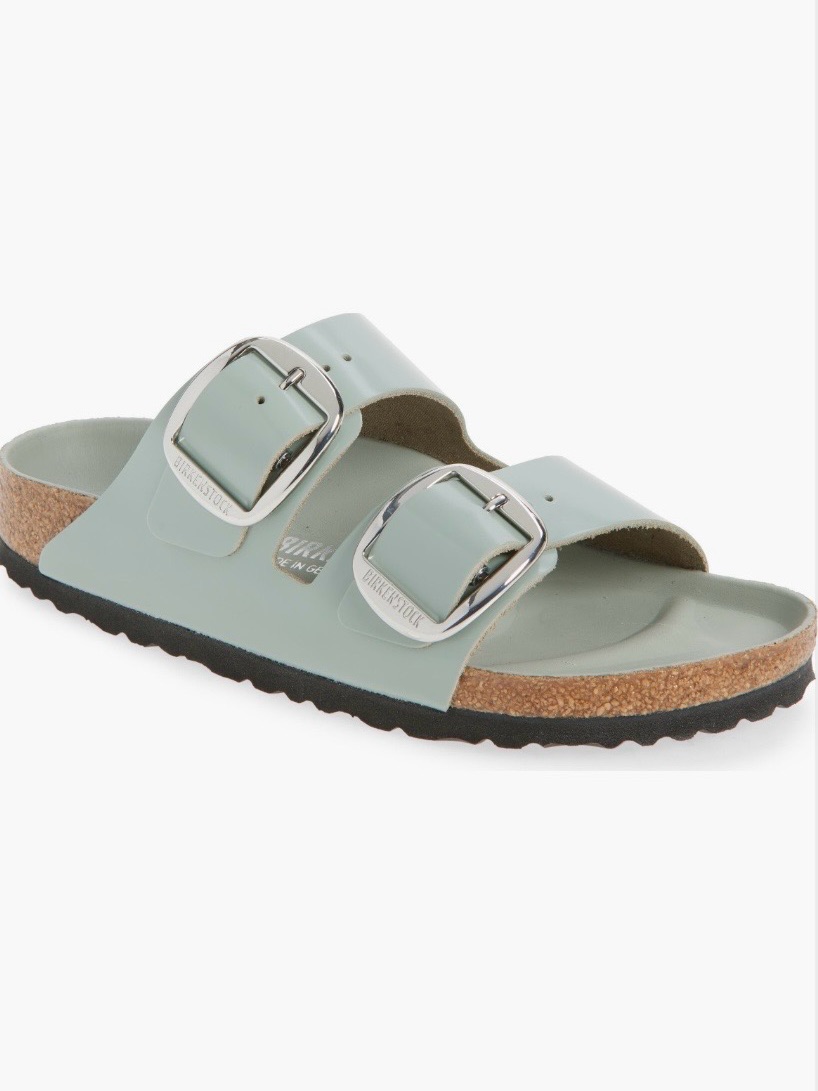 Birkenstock Arizona Two-Strap Sandal In Pure Saae Hiah Shine With Silver Buckles